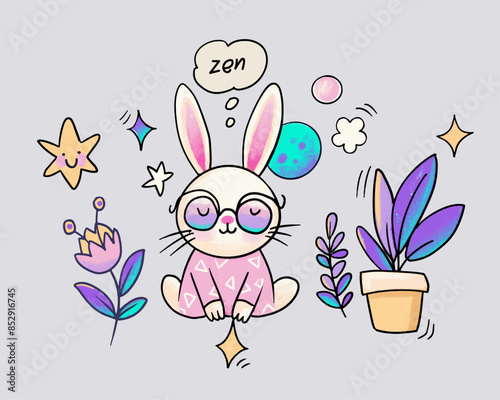 Bunny dreaming, doodle, crayon, hand drawn illustration, trendy, cute planer sticker, vector