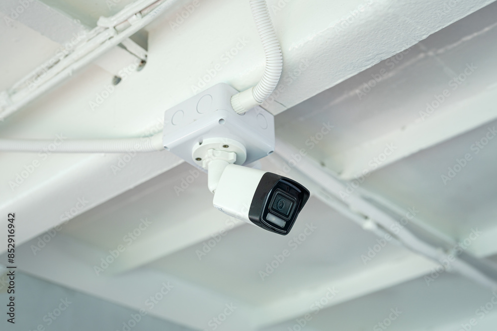A CCTV survey camera is installed on metal structure, ceiling of industrial warehouse workplace. Technology equipment for security system. A CCTV survey camera is installed on metal structure, ceiling of industrial warehouse workplace. Technology equipment for security system.