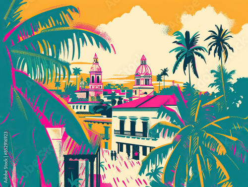 Risograph print travel poster illustration of Cartagena, Colombia, modern, isolated, clear, simple. Artistic, stylistic, screen printing, stencil, stencilled, digital duplication. Banner, wallpaper photo