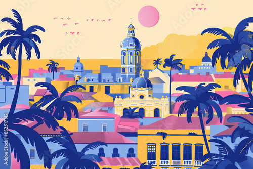 Risograph print travel poster illustration of Cartagena, Colombia, modern, isolated, clear, simple. Artistic, stylistic, screen printing, stencil, stencilled, digital duplication. Banner, wallpaper photo