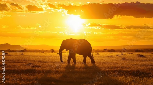 majestic silhouette of an elephant walking across the african savanna at golden hour sunset