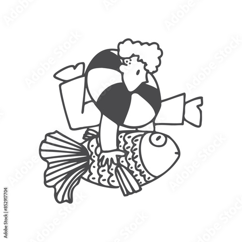 Man with a lifebuoy holding a fish whimsical vector doodle sketch.