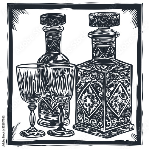 Crystal decanter with rum or vodka and two shot glasses, vector illustration