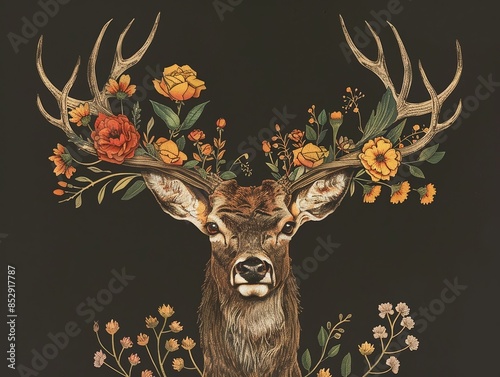 A lovely deer with flowers woven into its antlers  photo