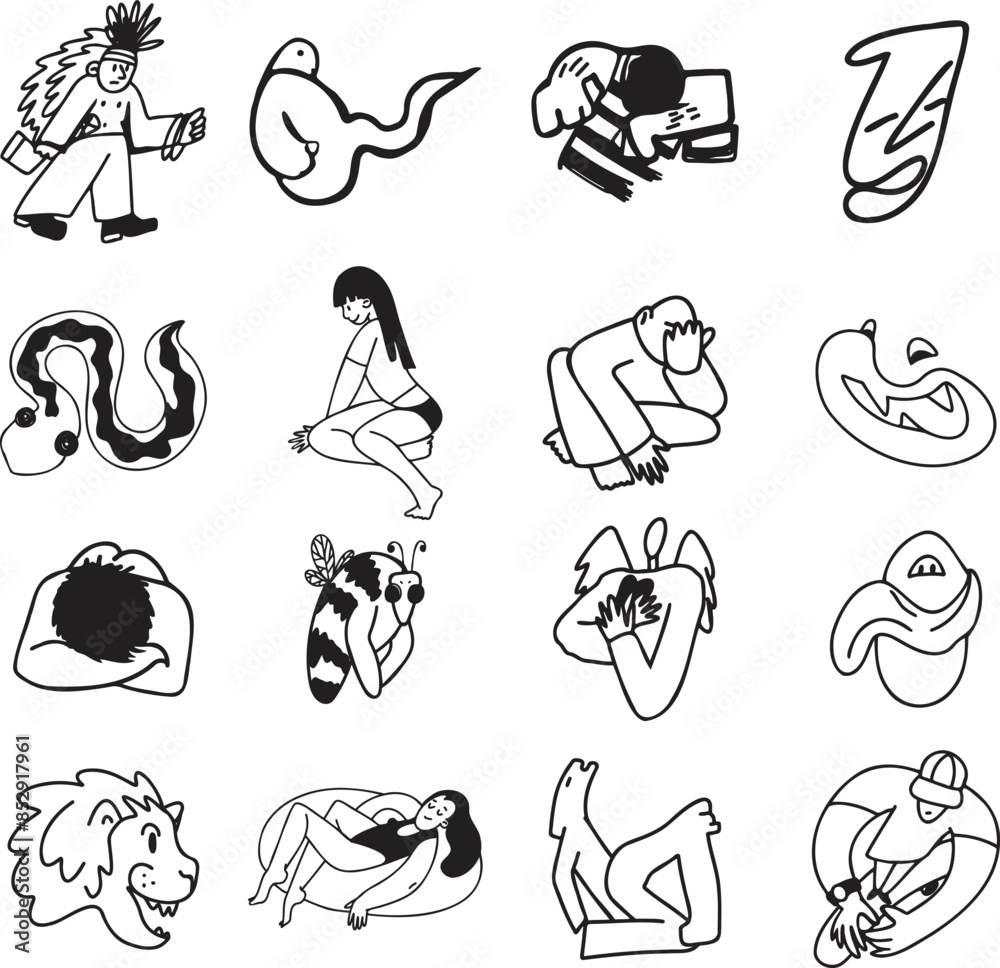 Fototapeta premium Cute and whimsical doodle set isolated on white background.