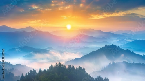 majestic sunrise over misty mountain landscape scenic nature panorama photography