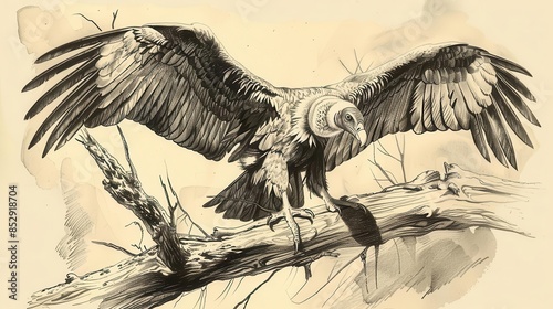 majestic vulture with wings spread wide perched on gnarled branch detailed wildlife sketch