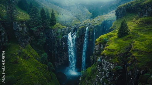majestic waterfall cascading down lush green mountains landscape photography