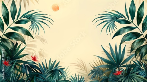 Wallpaper Mural Tropical leaves frame a beige background, creating a lush and vibrant summer scene.  Perfect for invitations, posters, and social media. Torontodigital.ca