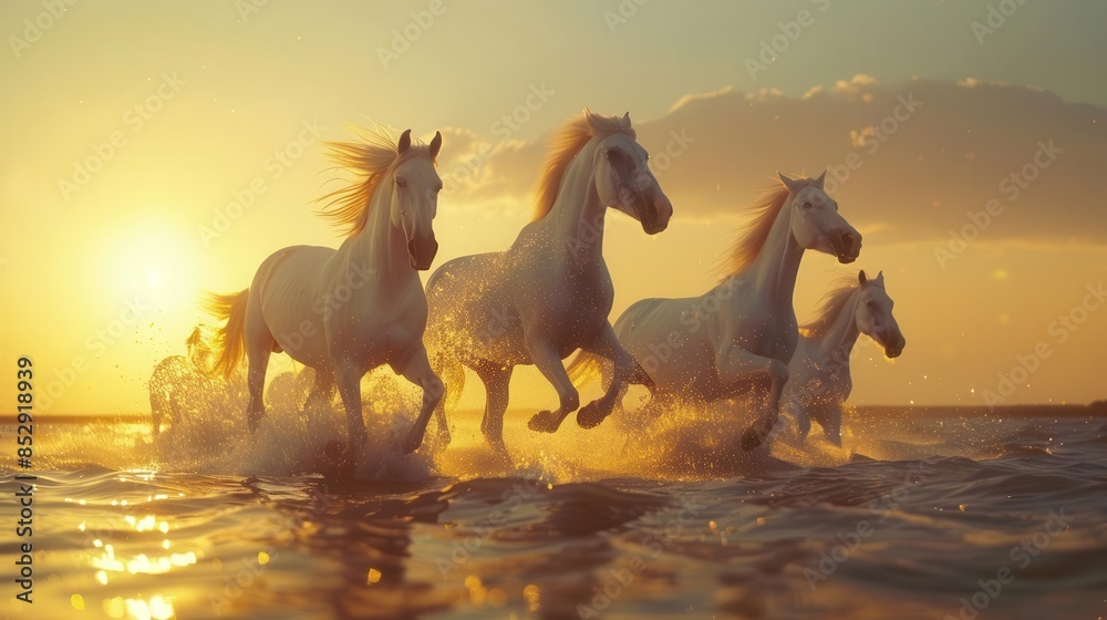 majestic white arabian horses galloping through glimmering lake at sunset majestic white arabian horses galloping through glimmering lake at sunset
