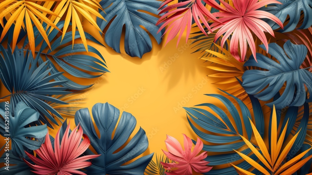Vibrant tropical leaves arranged in a circular frame, creating a bright and colorful background. Vibrant tropical leaves arranged in a circular frame, creating a bright and colorful background.