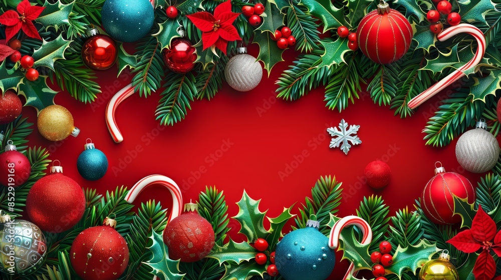 Festive Christmas border with ornaments, candy canes, and holly on a red background. Perfect for holiday cards and decorations. Festive Christmas border with ornaments, candy canes, and holly on a red background. Perfect for holiday cards and decorations.