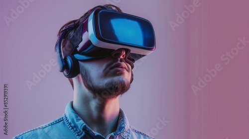 man immersed in virtual reality experience with headset 3d illustration © Bijac