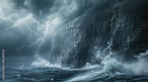 Rugged cliffs are hit by strong winds and fierce sea waves accompanied by thunderstorms with extreme weather photo