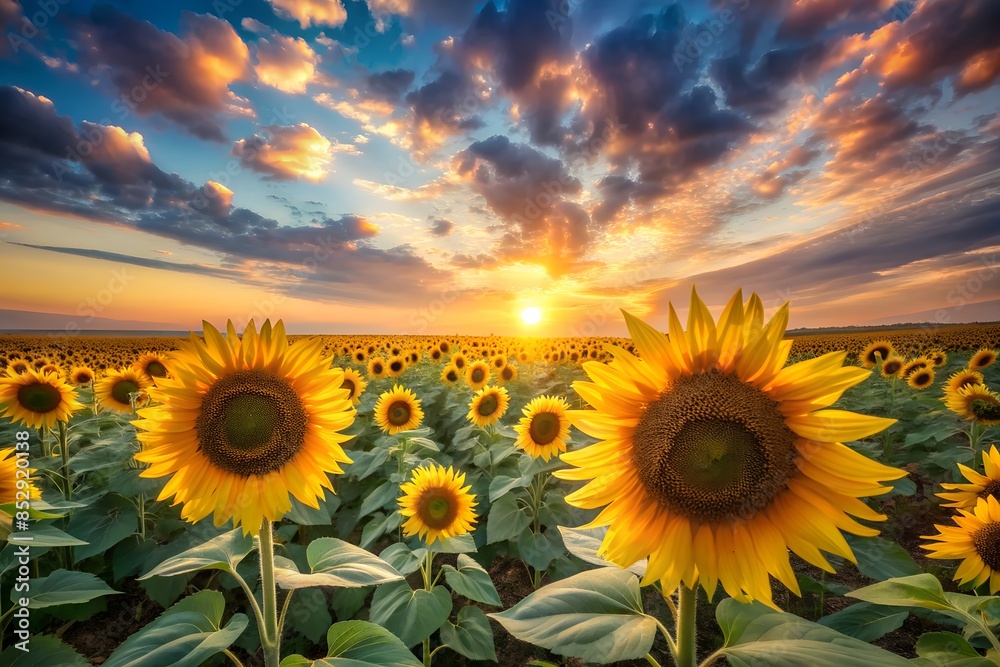 Fototapeta premium Golden Sunflowers Blooming Under a Colorful Sunset Sky