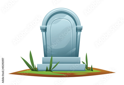 Tombstone with curved top in grassy grave. Gravestone in cemetery vector cartoon illustration isolated on white background.