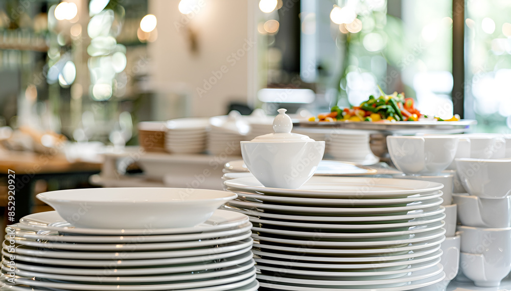 Stacks of Plates and Serving Dishes Ready for a Restaurant or Cafe Buffet Stacks of Plates and Serving Dishes Ready for a Restaurant or Cafe Buffet