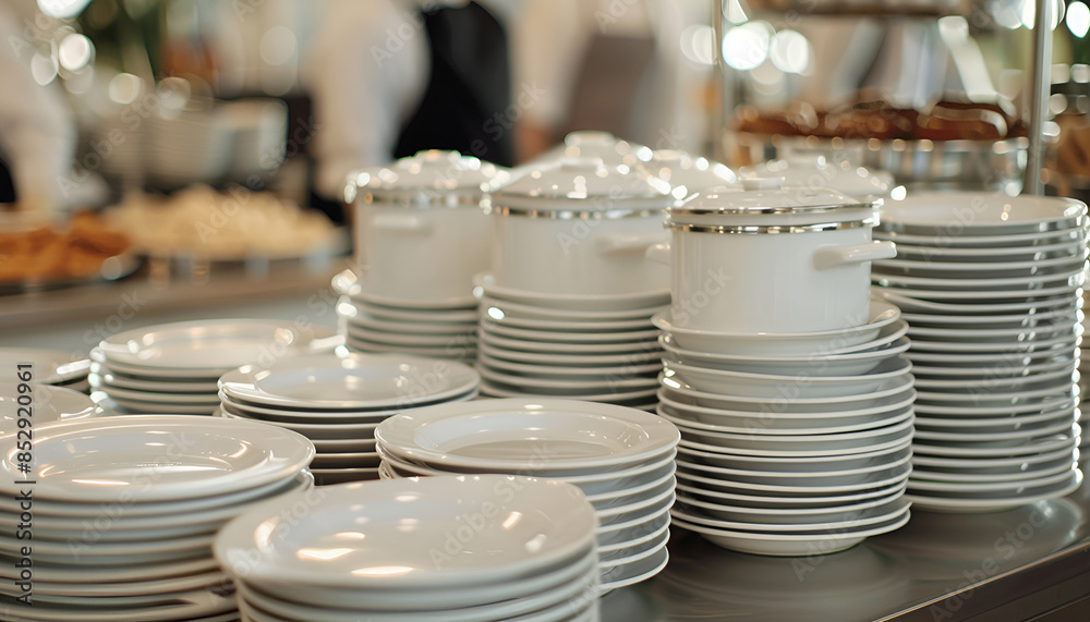 Stacks of Plates and Serving Dishes Ready for a Restaurant or Cafe Buffet Stacks of Plates and Serving Dishes Ready for a Restaurant or Cafe Buffet