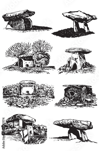 Graphical big collection of dolmens from Caucasus , Korea, India on white background,vector illustration	