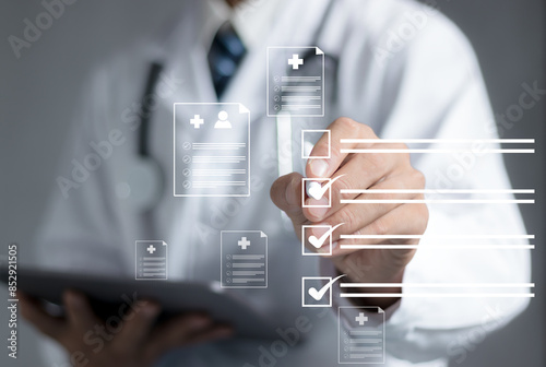 Doctor checkup with treatment report concept. plus and healthcare medical icon, health and access to welfare health..