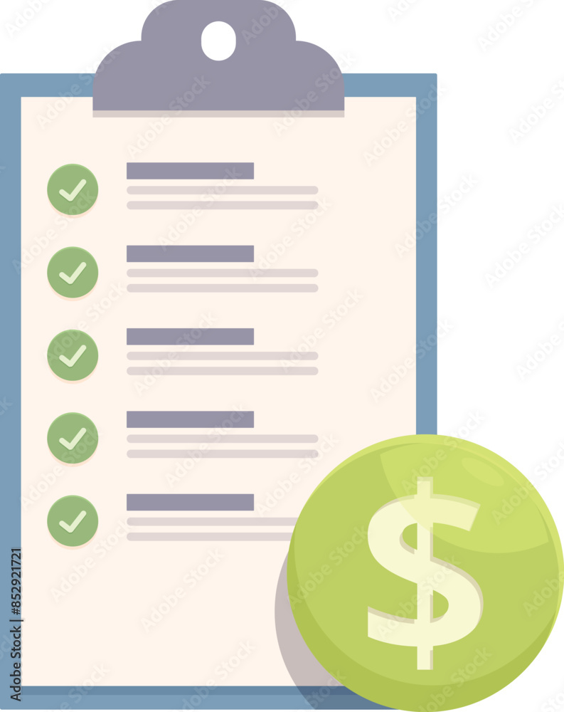 Clipboard is showing completed tasks, with all items ticked off the list and a green dollar symbol next to it Clipboard is showing completed tasks, with all items ticked off the list and a green dollar symbol next to it