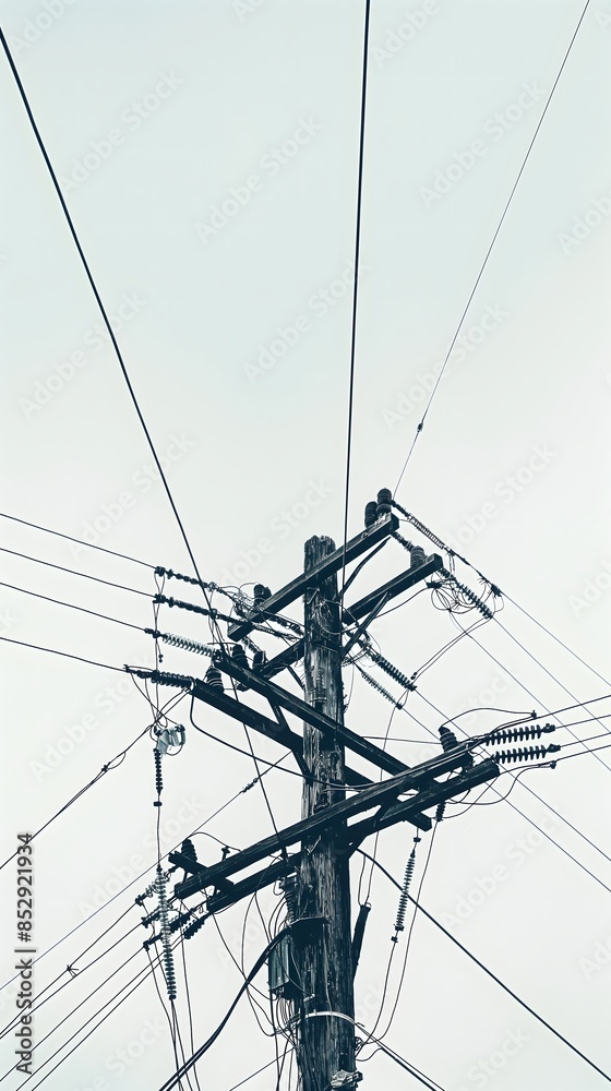 Pillar Power lines against the sky, wires and electrical appliances, bottom view, clear sky, light black and grey Pillar Power lines against the sky, wires and electrical appliances, bottom view, clear sky, light black and grey