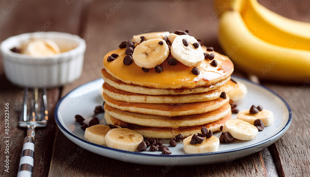 Tasty pancakes with banana and chocolate chips. Delicious food for breakfast. Sweet dessert. Tasty pancakes with banana and chocolate chips. Delicious food for breakfast. Sweet dessert.