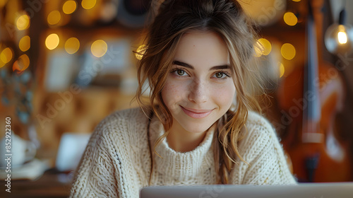 happy young woman, smiling girl student using laptop computer sitting on chair in cafe space 