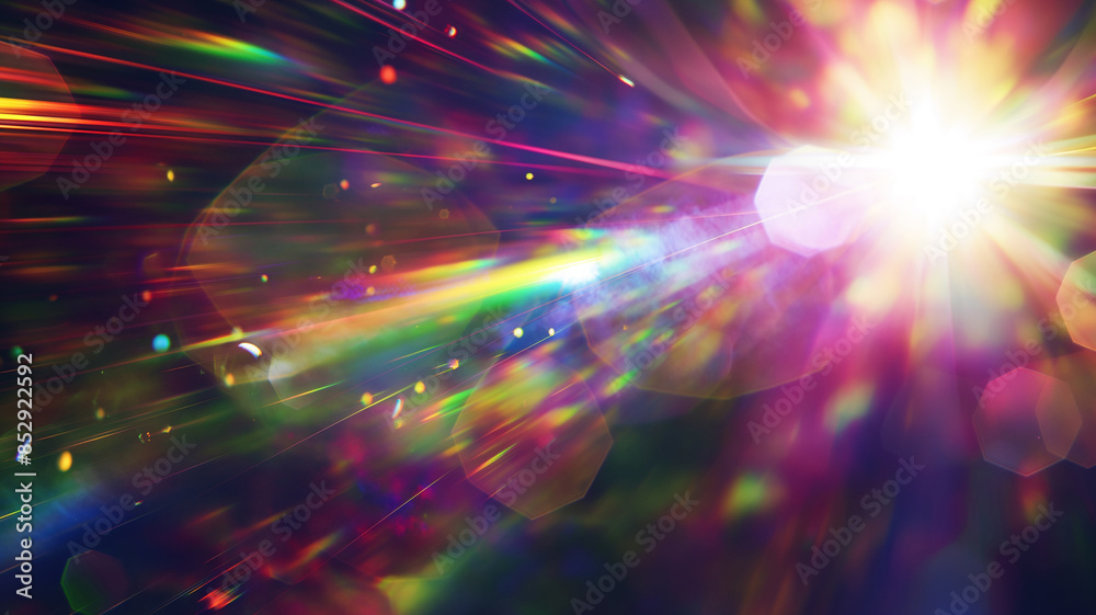 Obraz premium Abstract rainbow colors shining lens flare illuminates bokeh background.