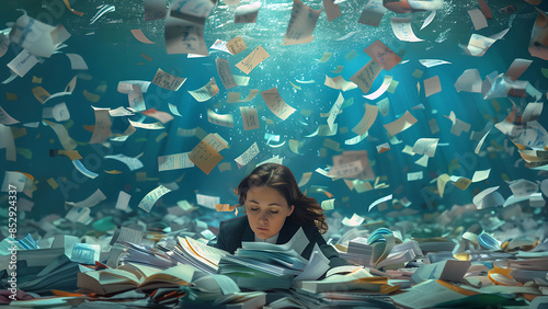 Very tired woman is underwater surrounded by endless piles of documents and floating papers. Stress by workload metaphor. Business management and mental health at work concept