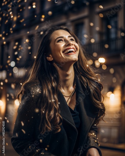 A woman with long hair is smiling and laughing in the rain