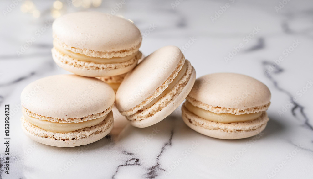 Delicious macarons on white marble table. French dessert. Sweet and tasty food.