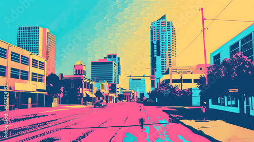 Risograph print travel poster illustration of Lubbock, Texas, modern, isolated, clear, simple. Artistic, stylistic, screen printing, stencil, stencilled, graphic design. Banner, wallpaper