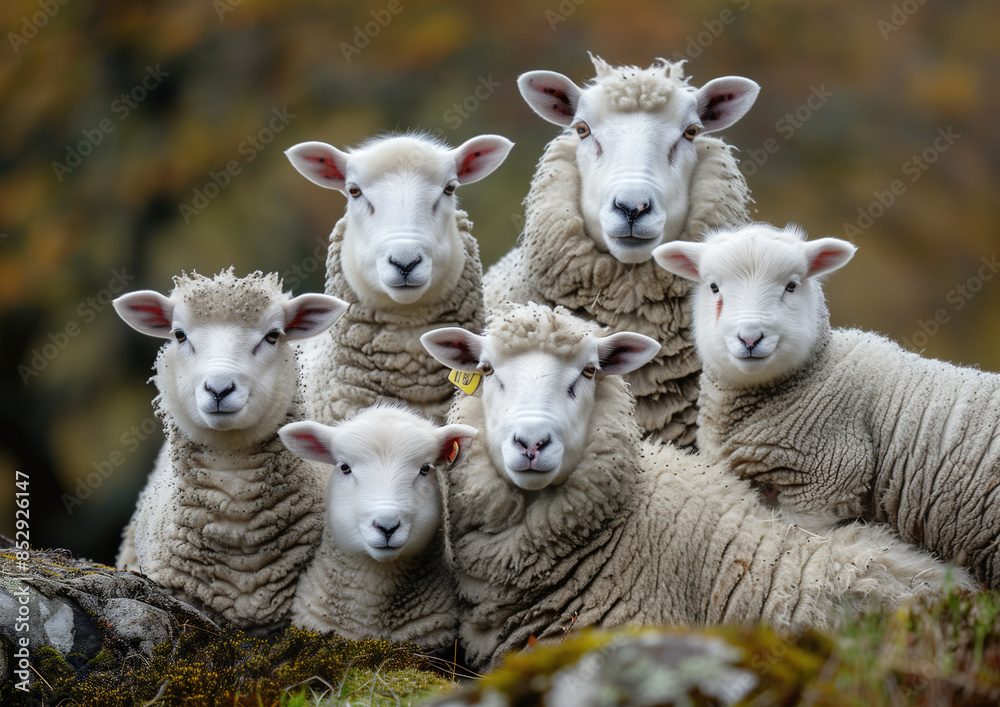 Fototapeta premium Sheep and Lambs Facing Forward with Focus