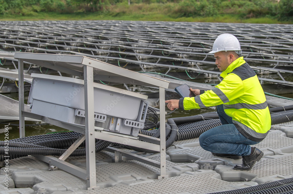 Engineer working at floating solar farm,checking and maintenance with solar batteries near solar panels,supervisor Check the system at the solar power station Engineer working at floating solar farm,checking and maintenance with solar batteries near solar panels,supervisor Check the system at the solar power station