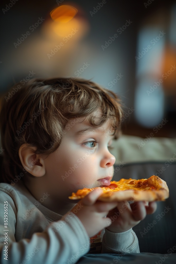 Adorable little boy enjoying a slice of cheese pizza at home