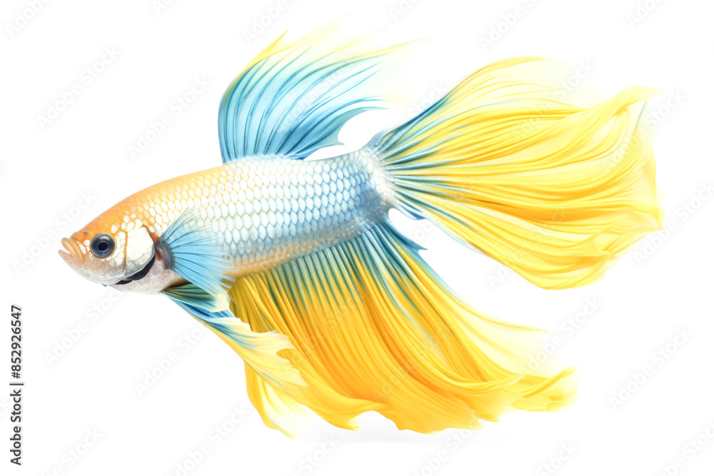 Fototapeta premium A fish with a blue body and yellow tail.