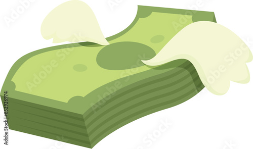 Stack of money flying away with angel wings, depicting losing or wasting money