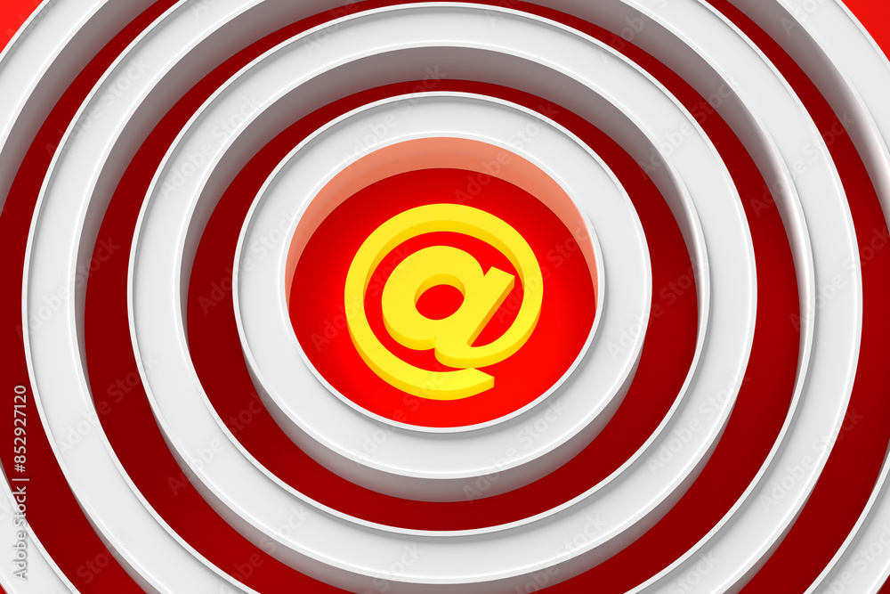 Yellow illuminated Email at symbol on a bulls eye target on red background. Yellow illuminated Email at symbol on a bulls eye target on red background.