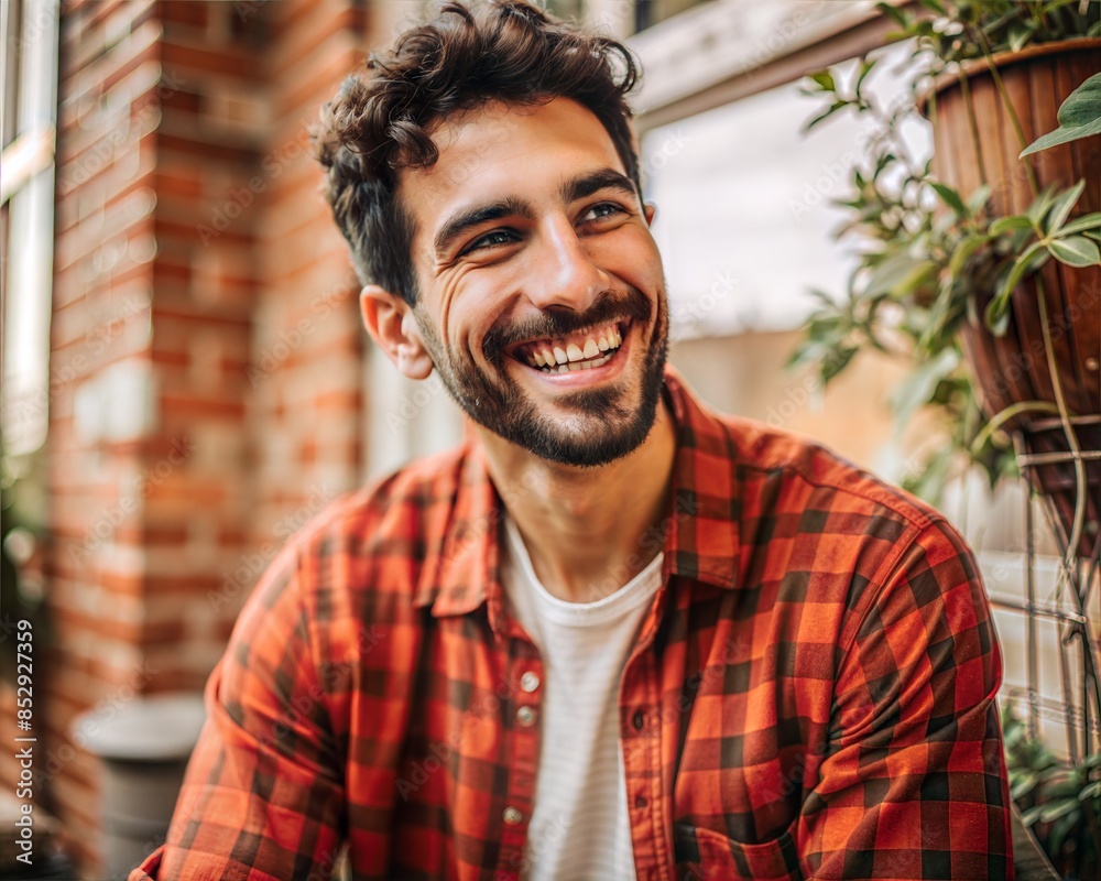 A man with a beard and a red plaid shirt is smiling A man with a beard and a red plaid shirt is smiling