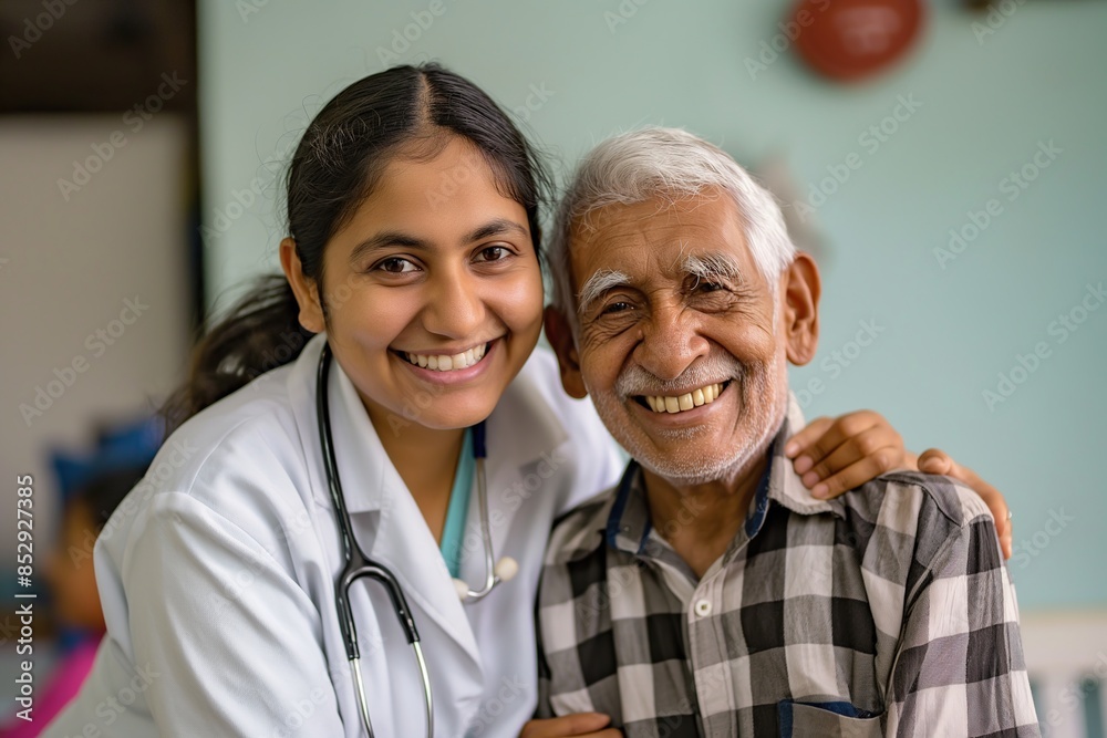 Female doctor smiling and posing with patient, an Indian male elderly man in a checkered shirt, at a clinic room.