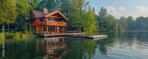 Lake house with a dock and boathouse.