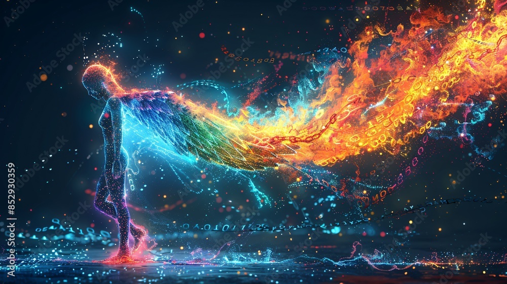 Digital Pride - Avatar with Rainbow Hair and Code Wings Breaking Free from Locked Server Representing Freedom | Conceptual LGBTQ+ Technology Illustration with Copy Space Above Digital Pride - Avatar with Rainbow Hair and Code Wings Breaking Free from Locked Server Representing Freedom | Conceptual LGBTQ+ Technology Illustration with Copy Space Above