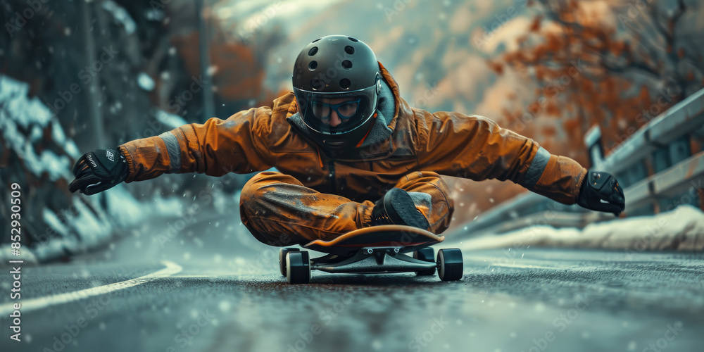 Street luge. Extreme street racing on a skateboard.