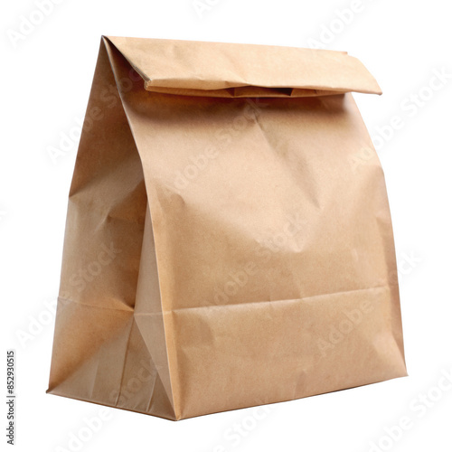 Brown paper lunch bag. This simple and eco-friendly bag is perfect for packing lunches and snacks. Isolated on transparent background, png. photo