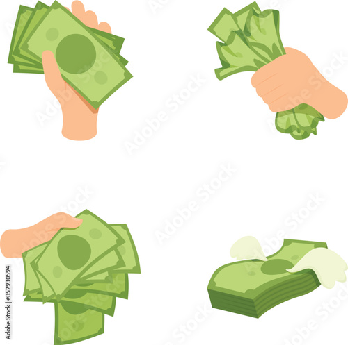 Set of four vector illustrations depicting hands holding cash in different manners