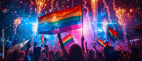 Pride Month Celebration - Silhouette of Cheering Crowd with Rainbow Flags and Fireworks Display for LGBTQ Rights Event with Copy Space