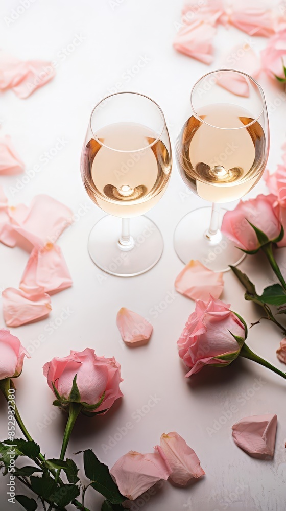 Two wine glasses filled with rose wine surrounded by pink rose petals and flowers on a white background, creating a romantic and elegant ambiance. Two wine glasses filled with rose wine surrounded by pink rose petals and flowers on a white background, creating a romantic and elegant ambiance.