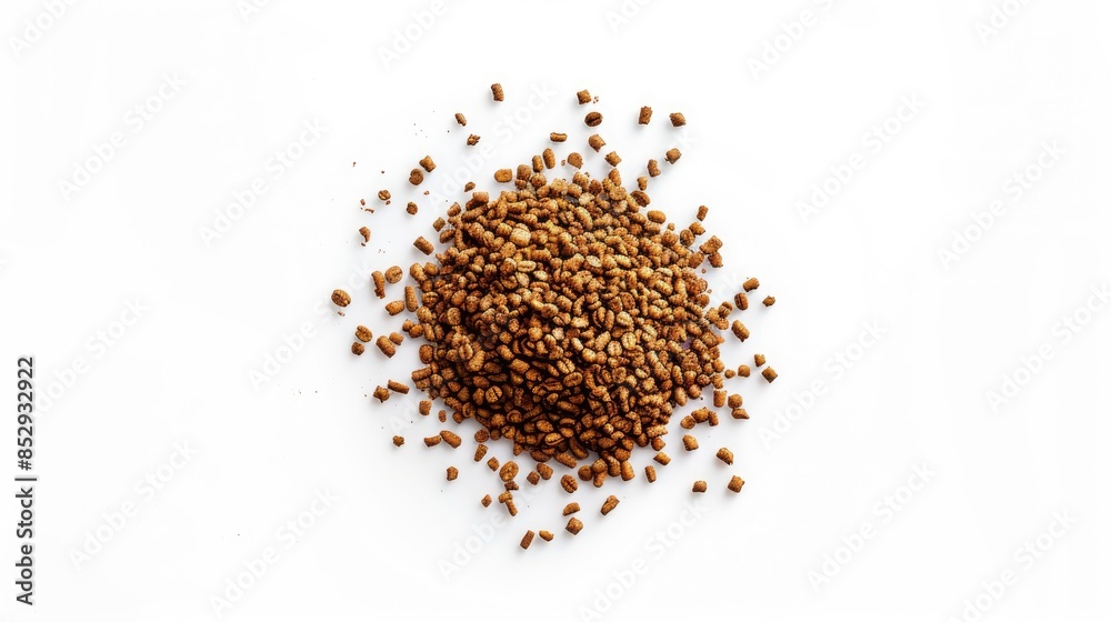 Instant coffee granules on white background Aerial view Instant coffee granules on white background Aerial view