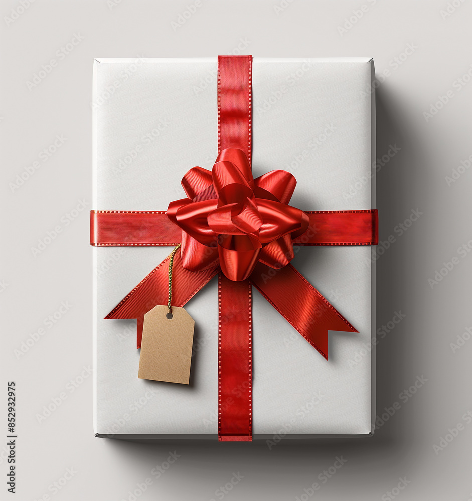 Gift tied with red ribbon close-up on white background